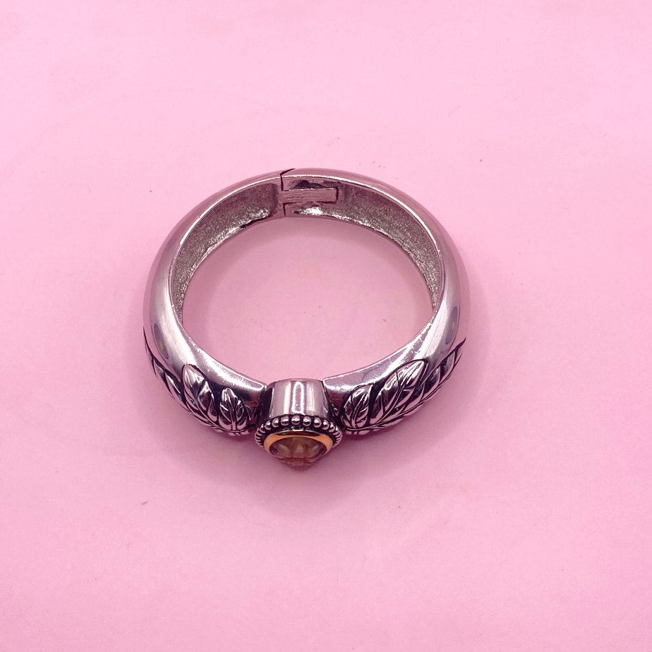 Silver Tone Cuff Glow Moon Carved Stone