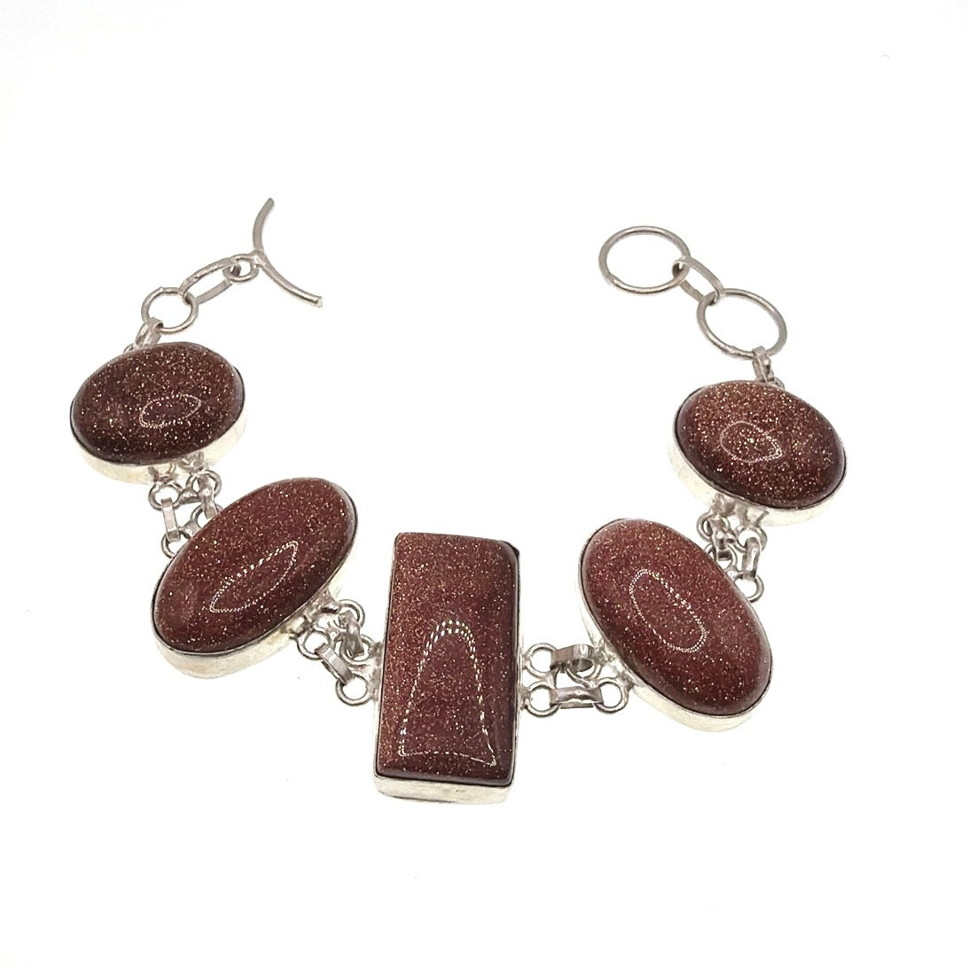 Sterling Silver And Aventurine Sunstone Cabochons Size 7.5” Bracelet