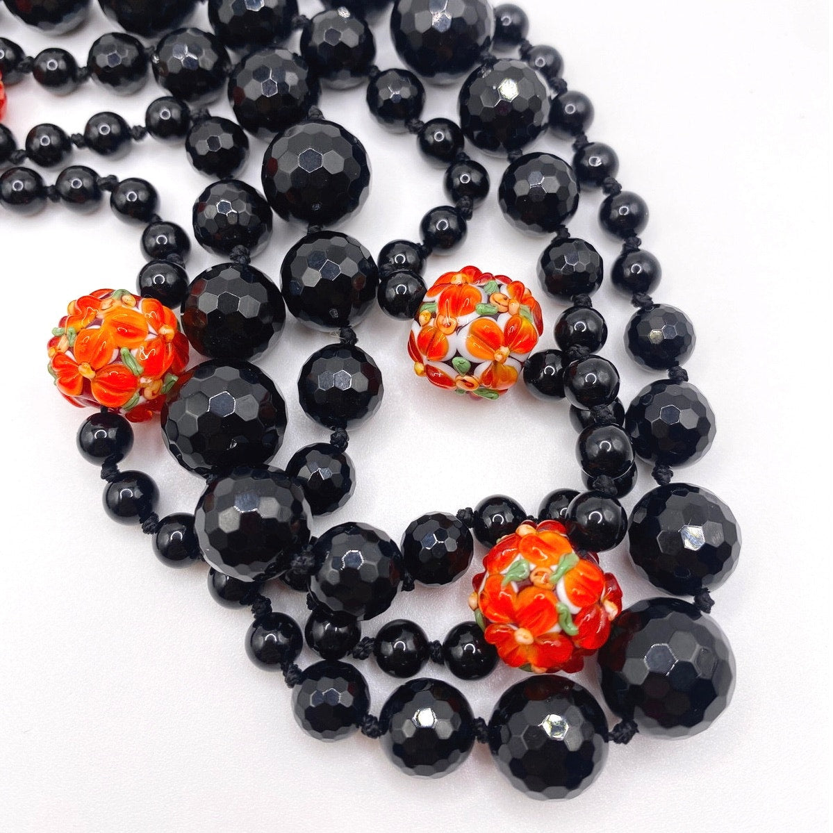Black Opera Necklace Extra Long 66” Knotted Onyx and Murano Glass Millefiori Orange Beads