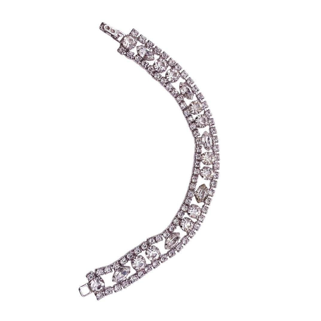 Vintage Silver Tone and Rhinestones Bracelet Size 7"