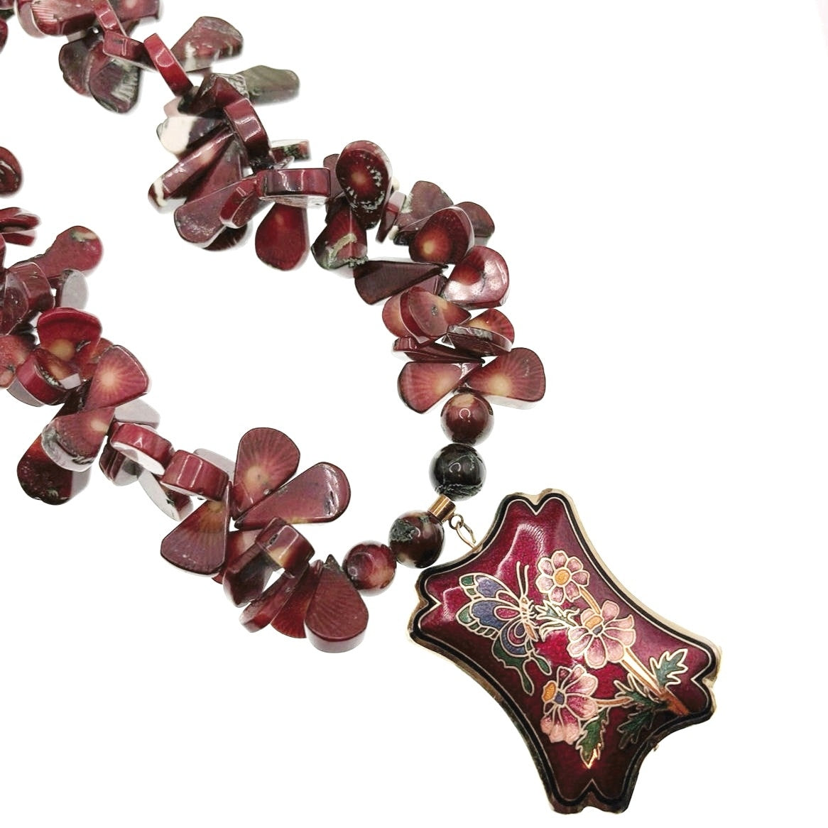 Red Coral Beaded Long Necklace With Chinese Cloisonné Pendant 20”