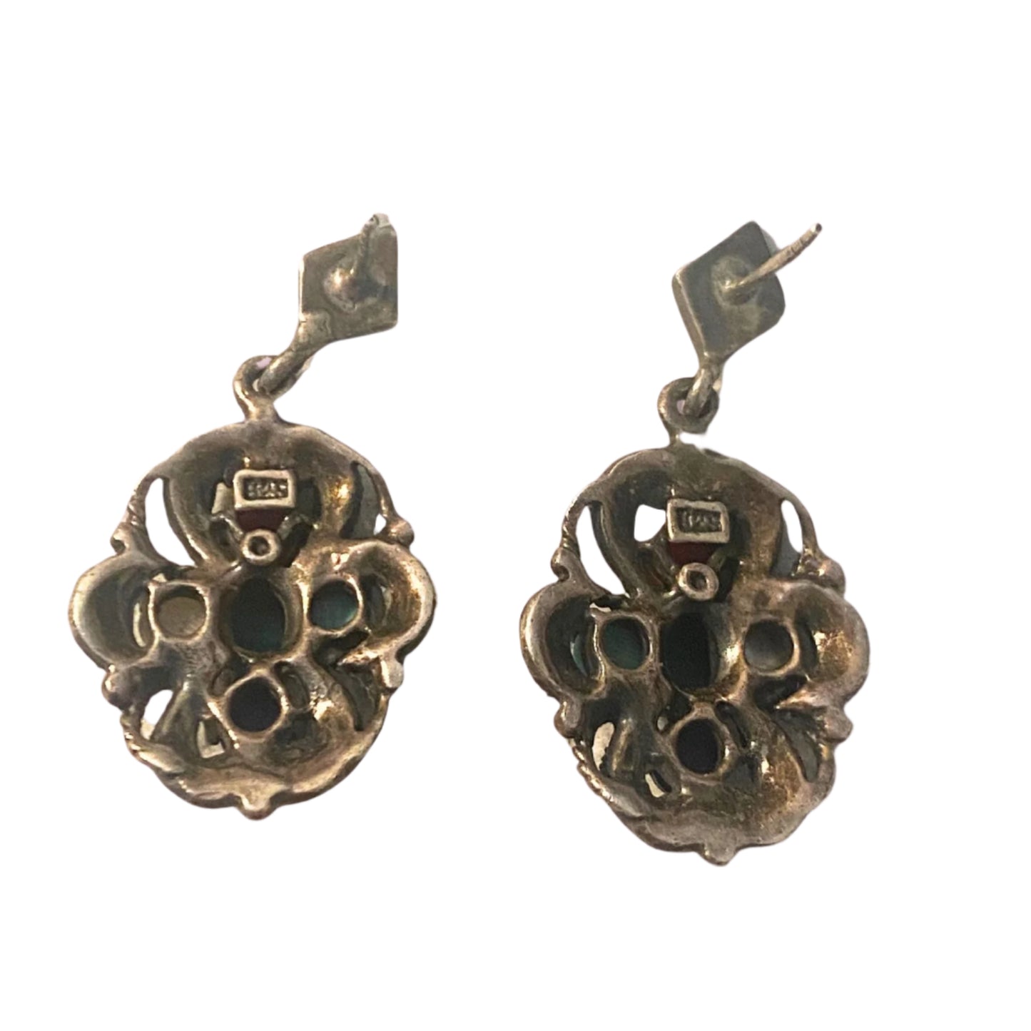 Silver Marcasite Multi Gemstones Studs Dangling Earrings