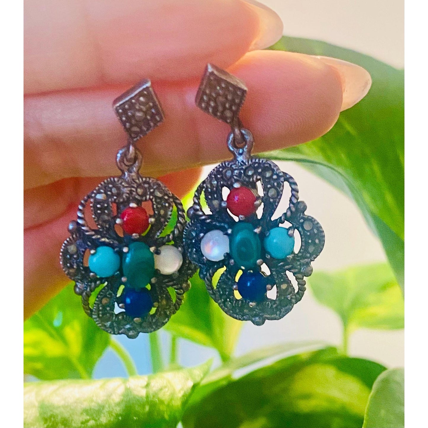 Silver Marcasite Multi Gemstones Studs Dangling Earrings