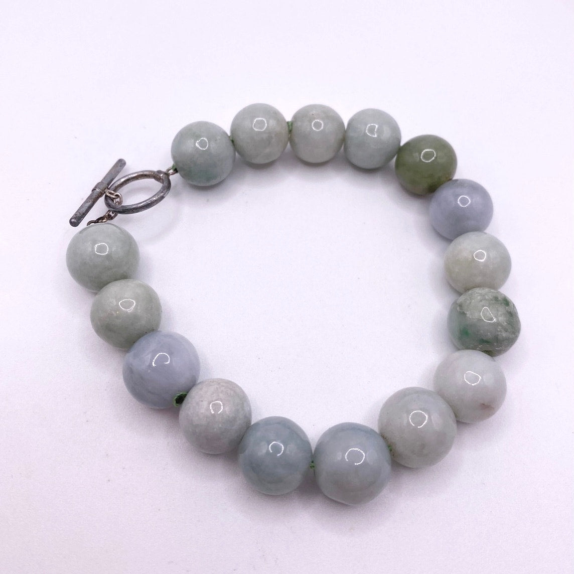 Burmese Jadeite Jade Beaded Bracelet With a Metal Toggle clasp 9”