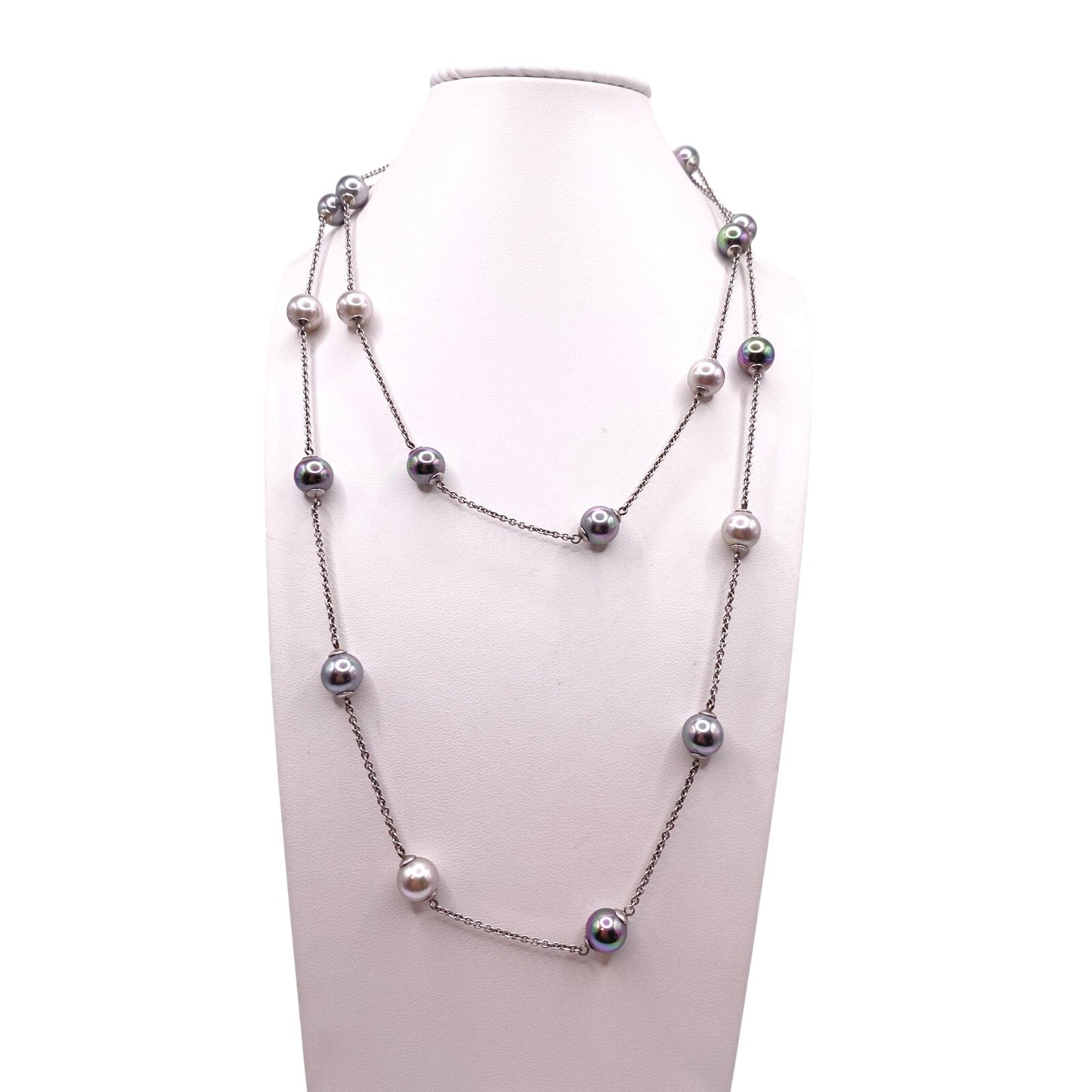 Majorica Necklace Sterling Silver-Colorful High Quality Faux Glass Pearls 34”