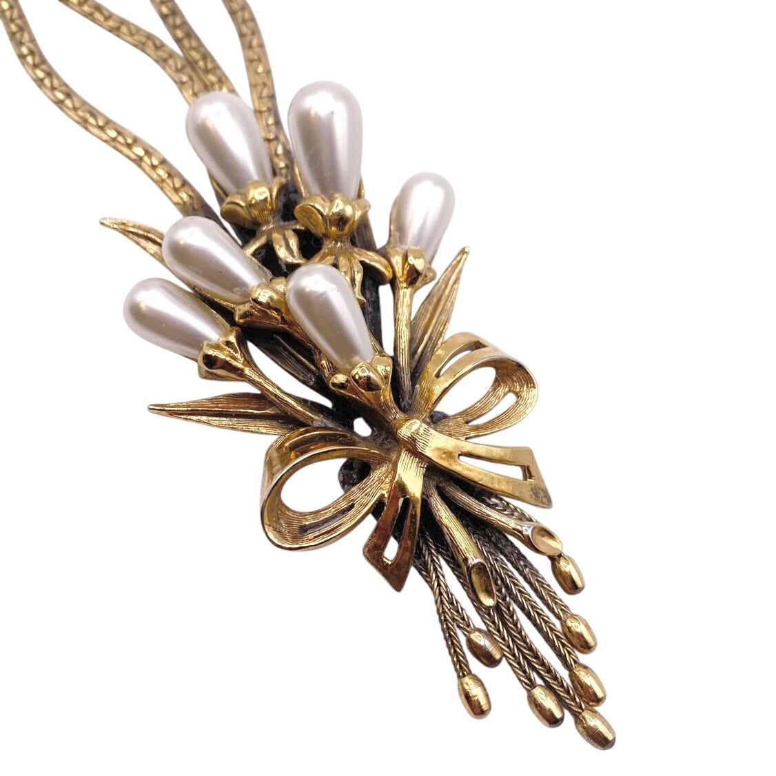 Ravana Vintage Faux Pearl Floral Bouquet Double Chain Necklace 18"