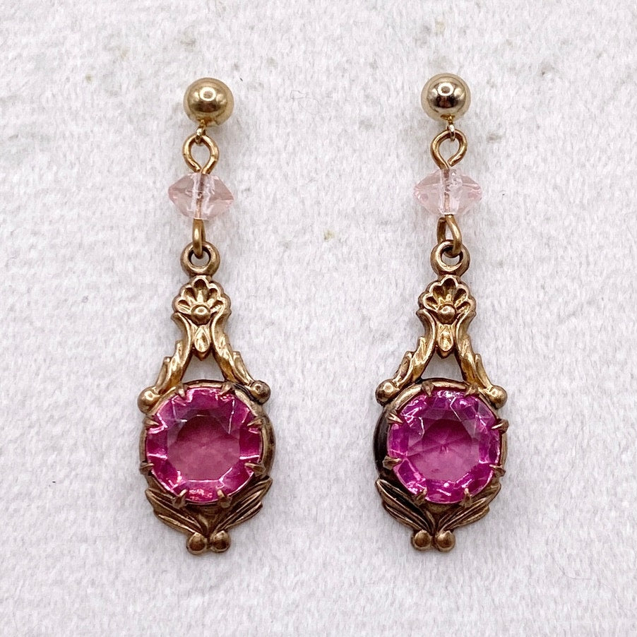 Vintage Brass Filigree Dangling Earrings Lustrous Pink Rhinestones