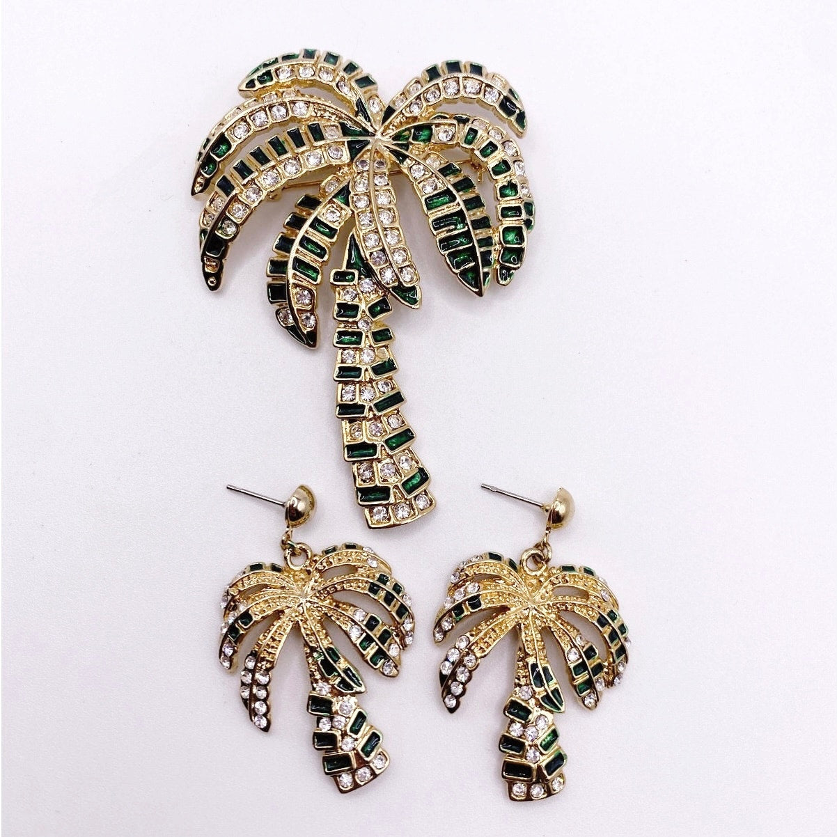 Palm Tree Rhinestones And Enamel Earrings and Brooch Set