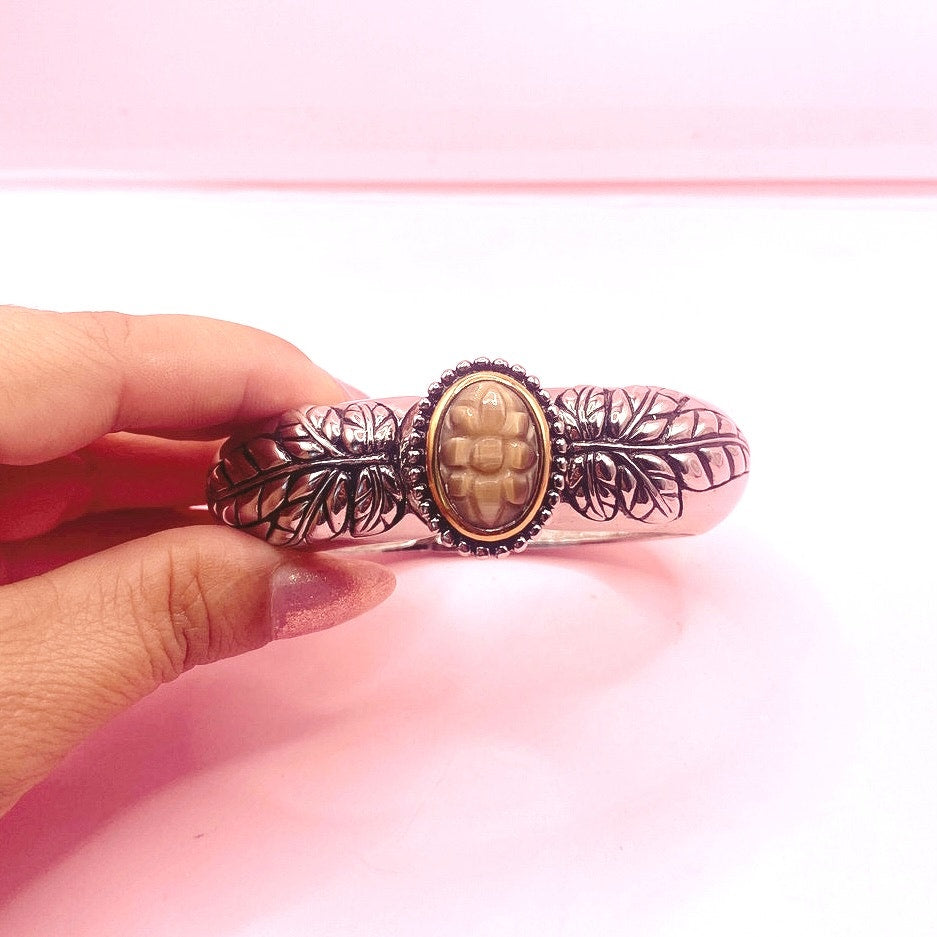 Silver Tone Cuff Glow Moon Carved Stone