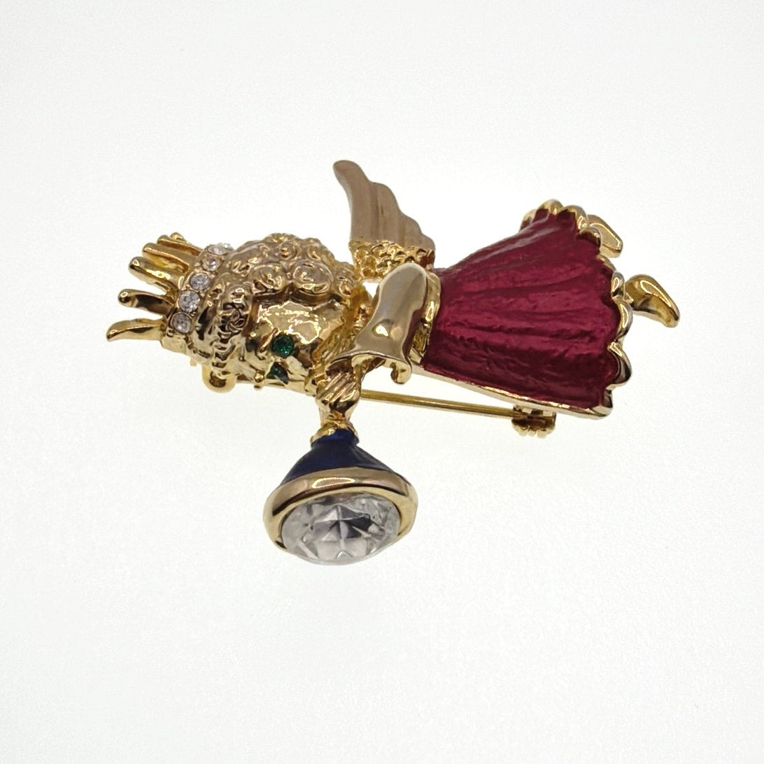 Rhinestones and Enamel Angel with Trumpet Brooch