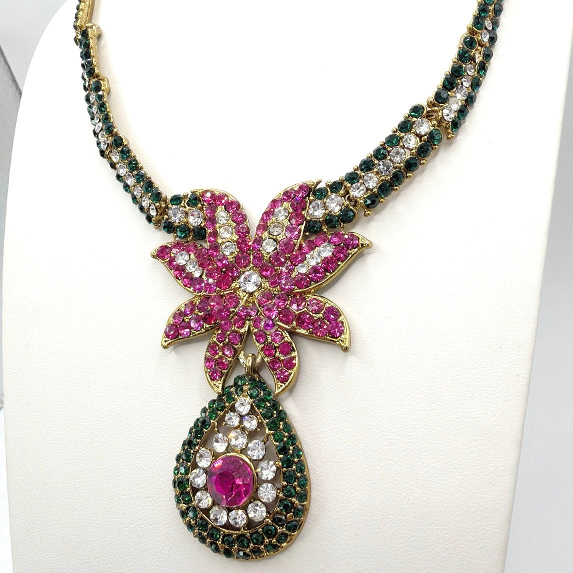 Vintage Full Rhinestones Floral Collar Necklace 17”