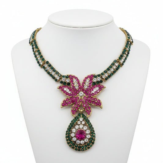 Vintage Full Rhinestones Floral Collar Necklace 17”
