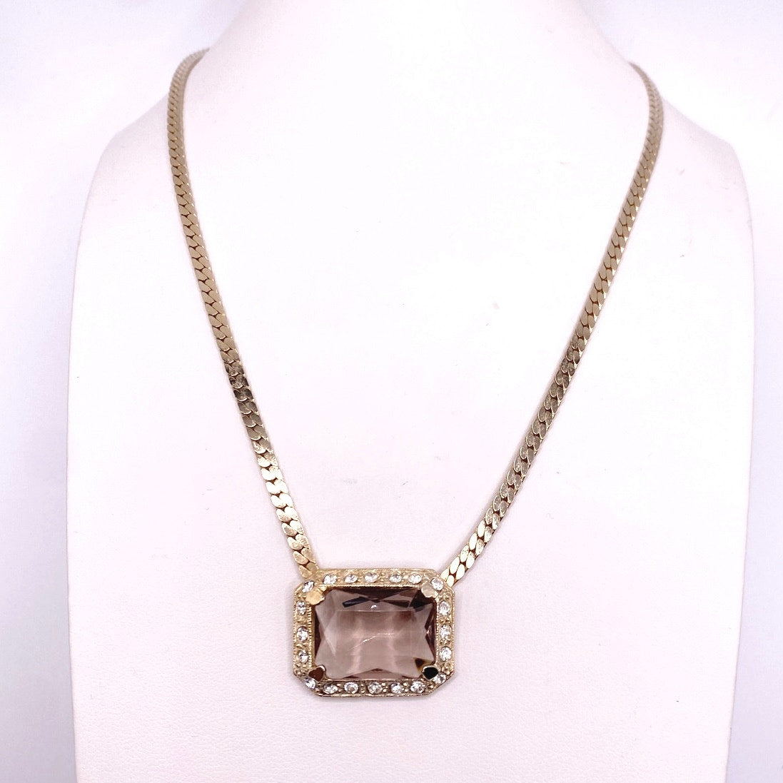 Vintage Beautiful Smoky Glass Crystal Pendant with Gold Tone Chain