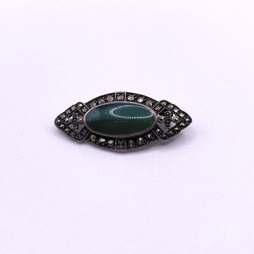 Art Deco Sterling Silver and Green Agate Brooch With Marcasite