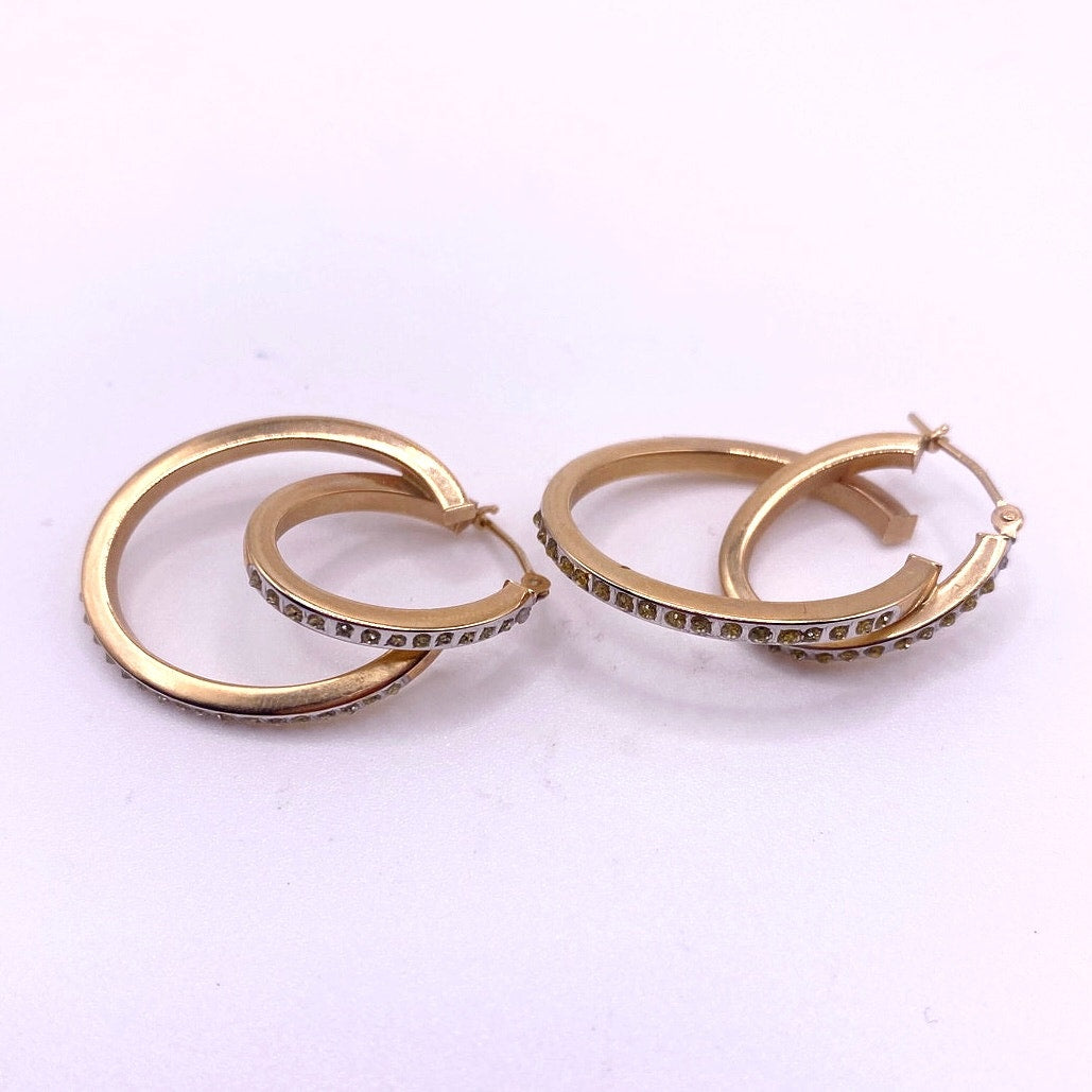 14k Gold Vintage Double Hoop and Diamond Chips Signed SLC