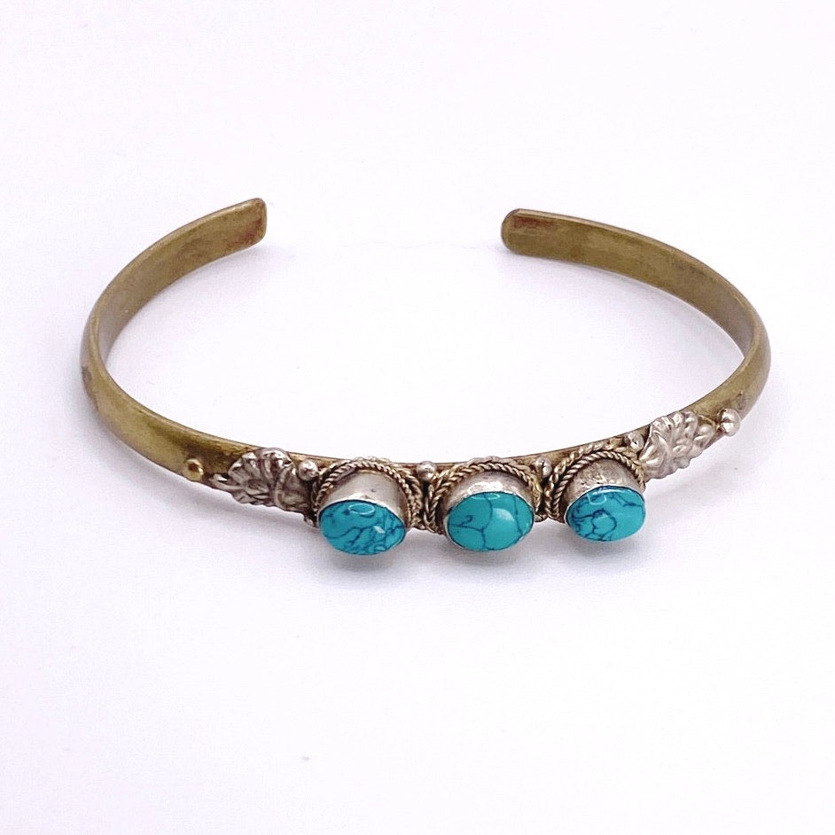 Tibetan or Nepalese turquoise metal cuff bracelet 7"