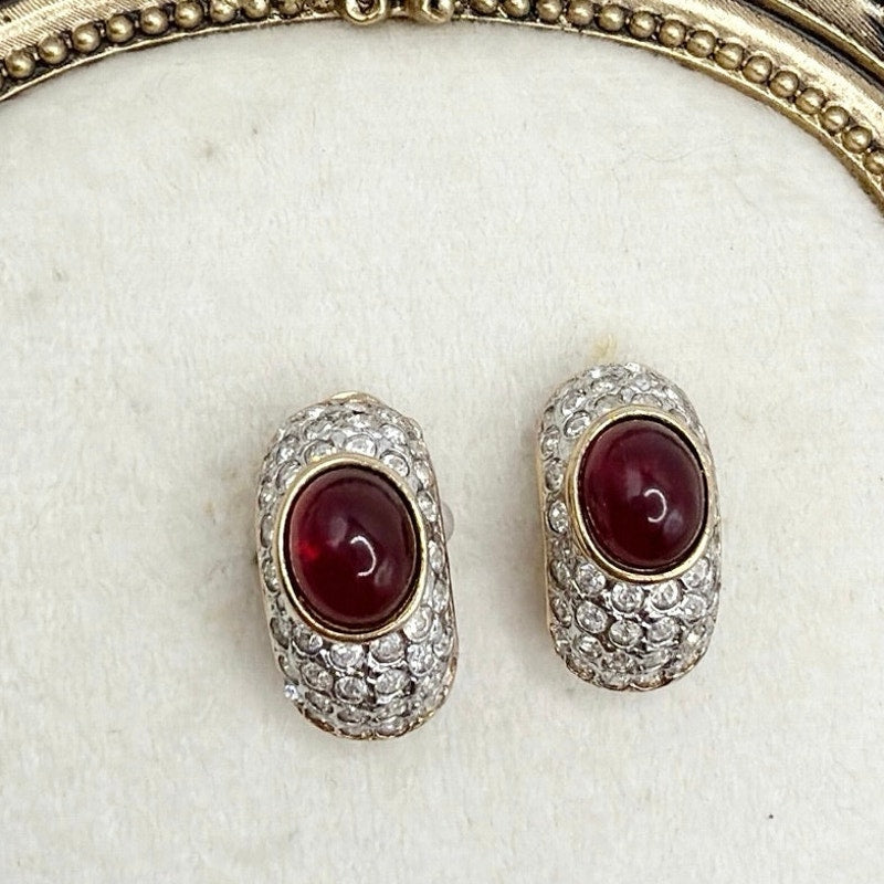 Les Bernard Vintage Clip On Earrings Red Glass Cabochon and Rhinestones 1”