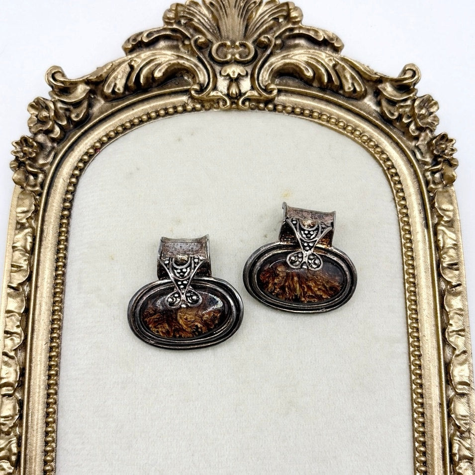 Vintage Gunmetal Tone Retro Style Studs with Brown Marble Stone