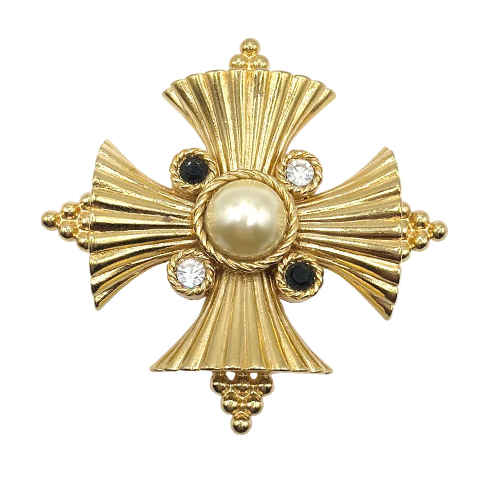 Maltese Cross Vintage Brooch and Convertible Pendant With Rhinestones 2.5”