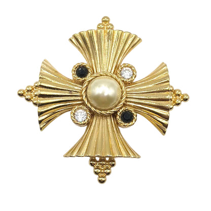Maltese Cross Vintage Brooch and Convertible Pendant With Rhinestones 2.5”