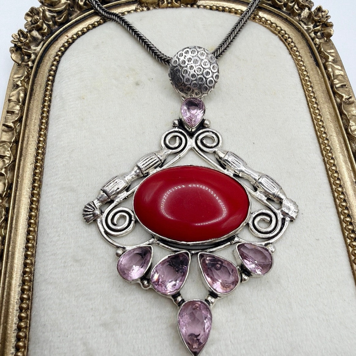 Sterling Silver Necklace 16" and Pendant 3" With Faux Coral and Amethyst Stones