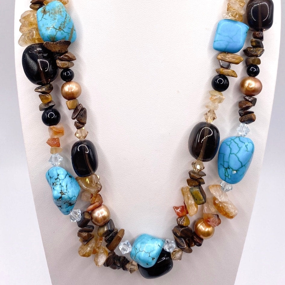 Gemstones Vintage Necklace Turquoise Smoky Quartz and Citrine Double Strand 17”