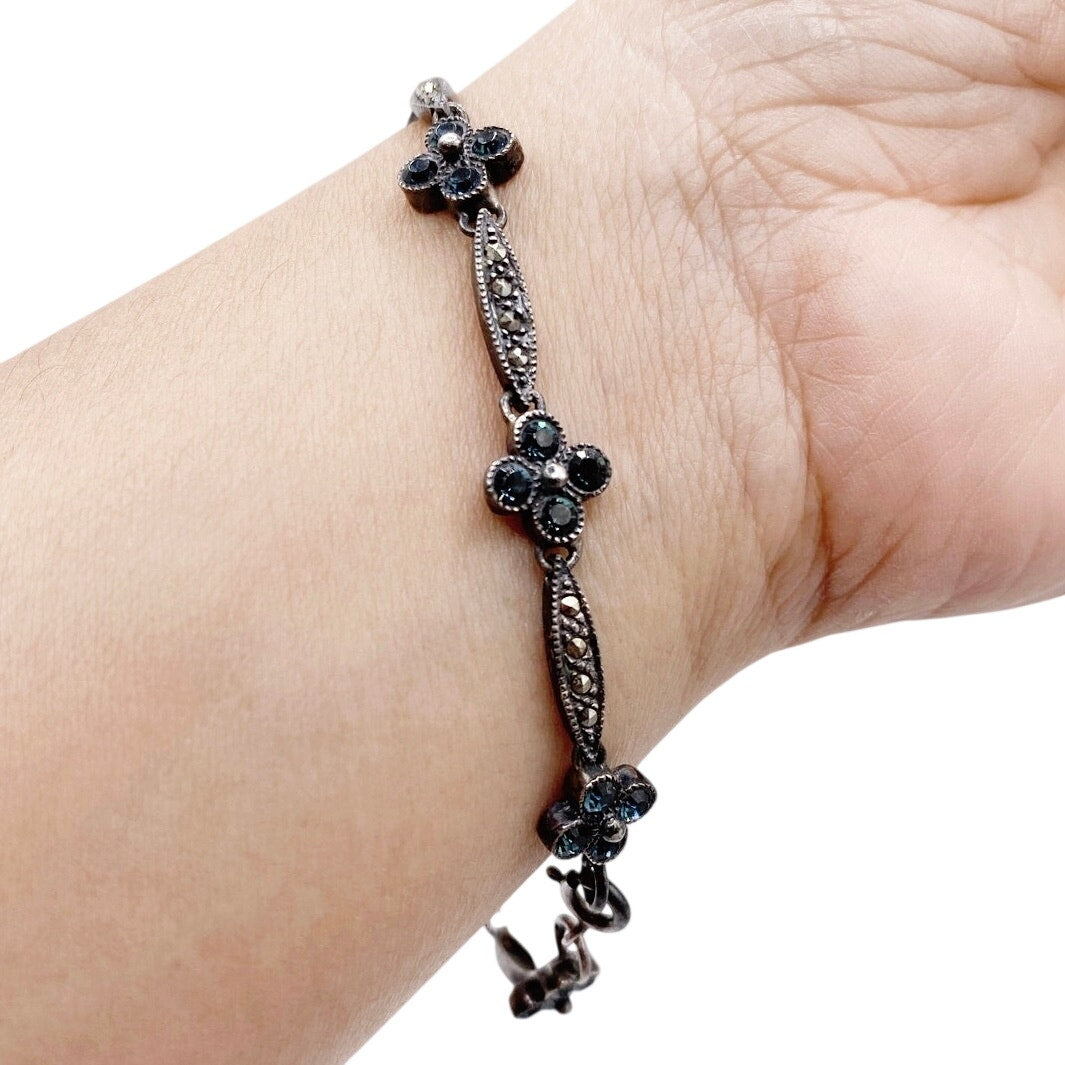 Vntg Sterling Silver With Blue Crystal and Marcasite Flowers Bracelet 7"