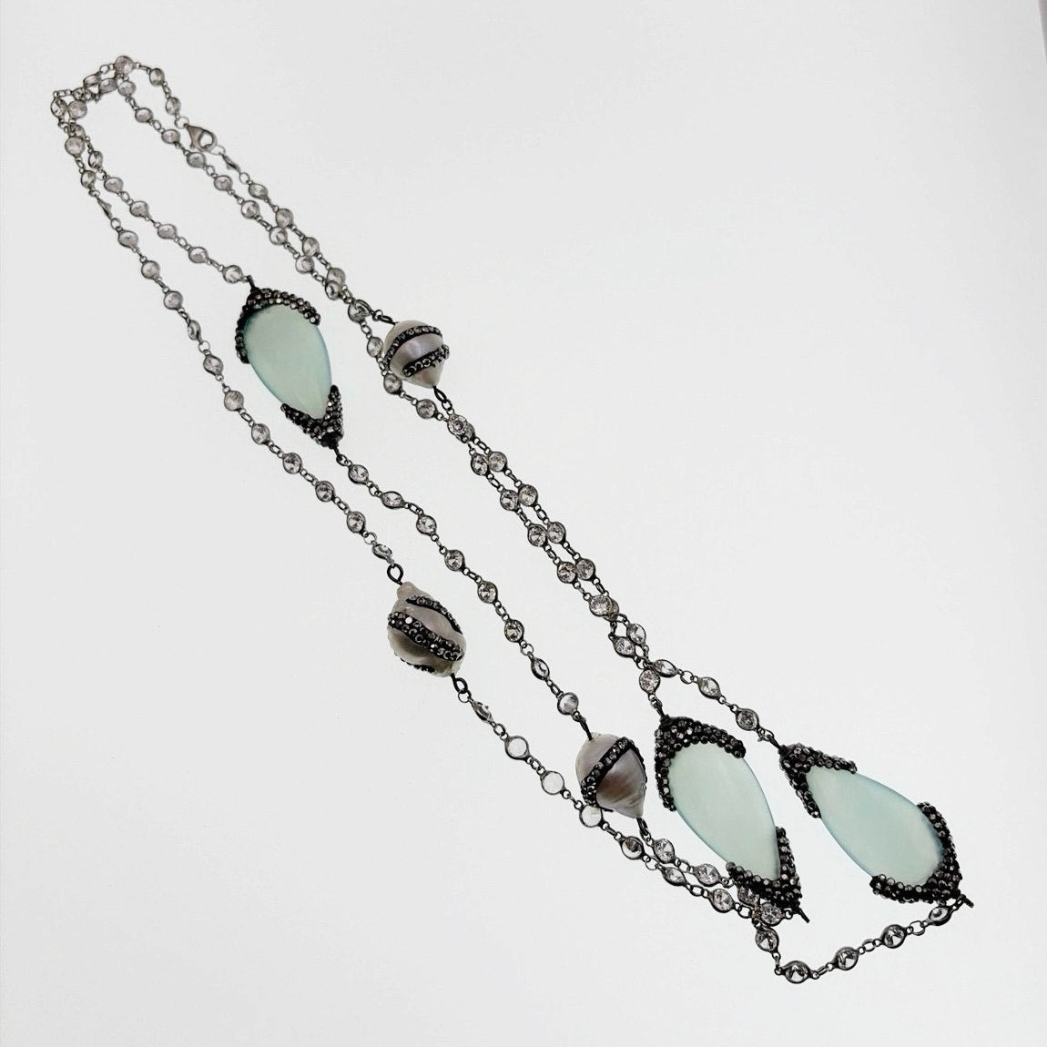 Sterling Silver Necklace Chalcedony Charms and Fresh Water Pearls 40”