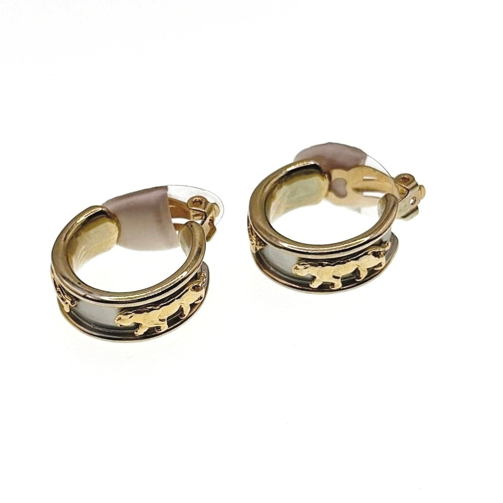 Two Tone Clip on Earrings Half Hoop With Lioness Decor