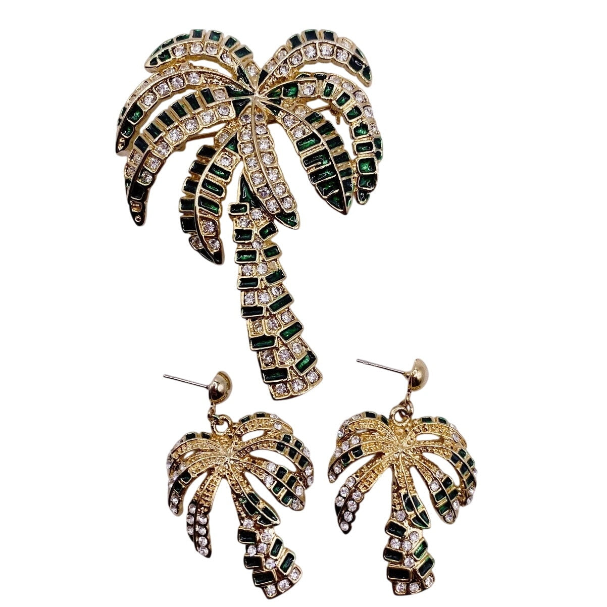 Palm Tree Rhinestones And Enamel Earrings and Brooch Set