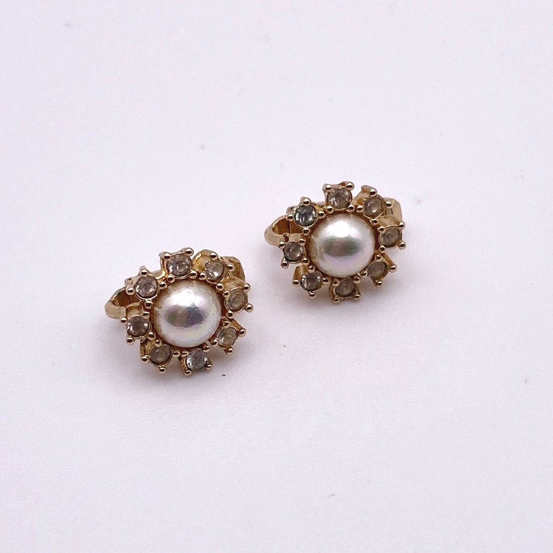 Christian Dior Vintage Small Clip On Earrings Gold Plated Flower Rhinestones
