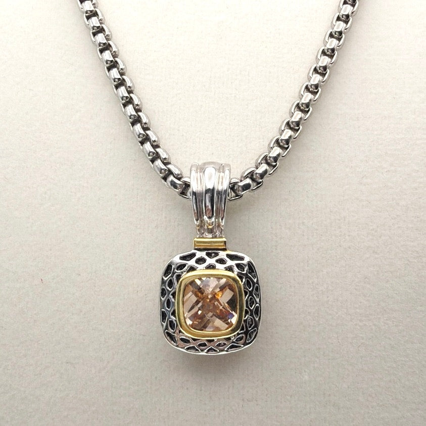 Vintage Silver Tone Retro Style Necklace With Topaz Tone Cubic Zirconia 18”