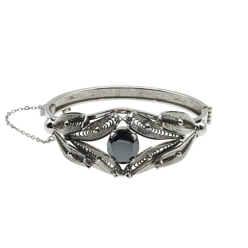 Sorrento Sterling Silver Hematite Filigree Hinged Bangle Bracelet 7”