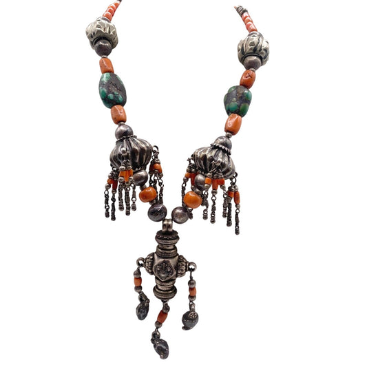 Antique Yemeni Silver Tone Filigree And Coral Beads Necklace Rare Piece