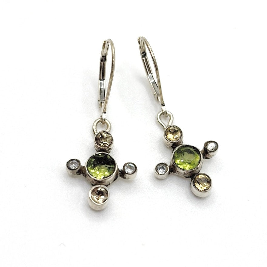 Sterling Silver Dainty Earrings Drop Cross With Peridot and Quartz Gemstone