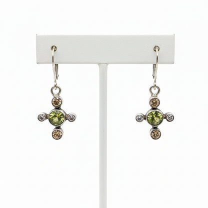 Sterling Silver Dainty Earrings Drop Cross With Peridot and Quartz Gemstone
