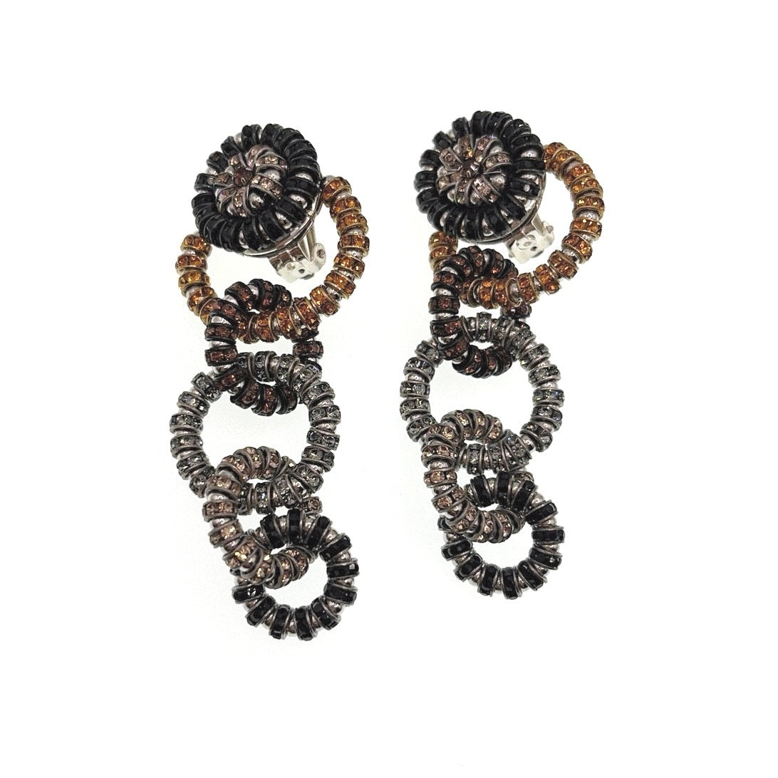 Sparkly Vintage Clip on Earrings Rhinestones Links Chain Dangling Long 2'