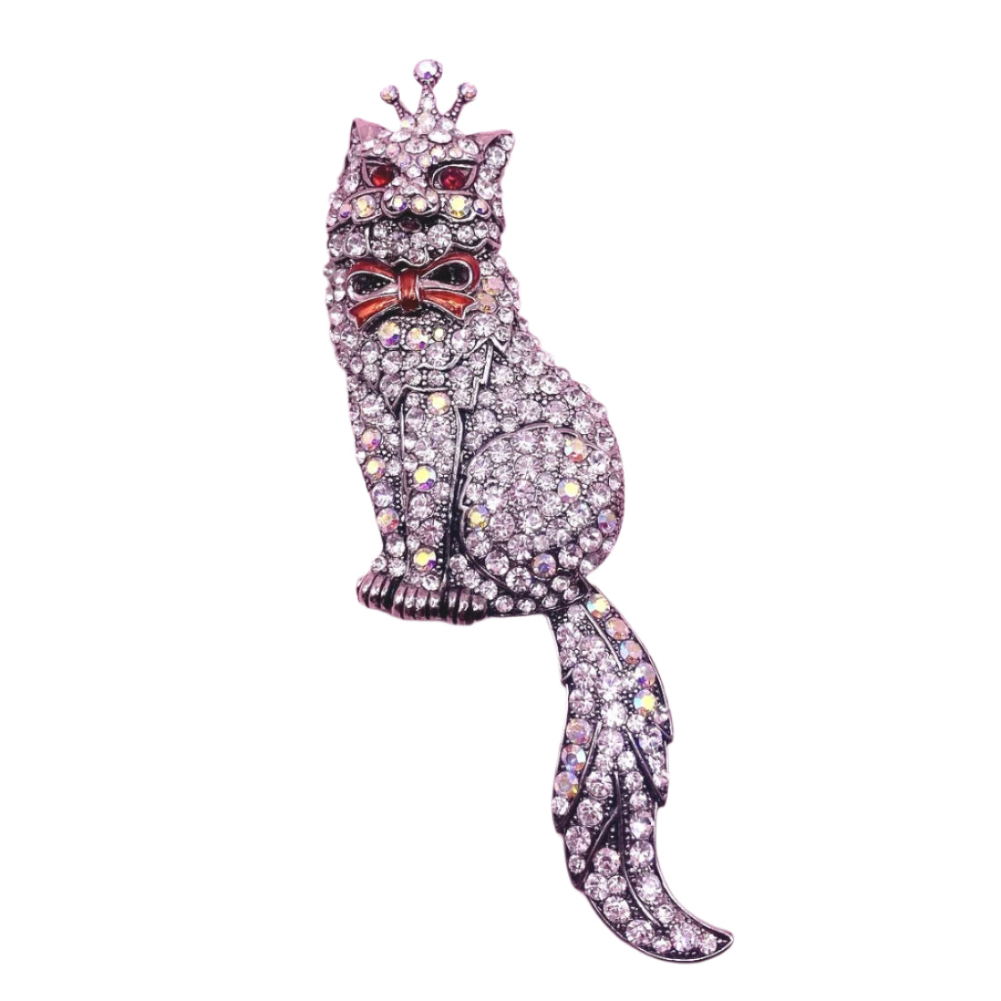 Vtg Rhinestone Cat Brooch Swivel Tail 4.5"