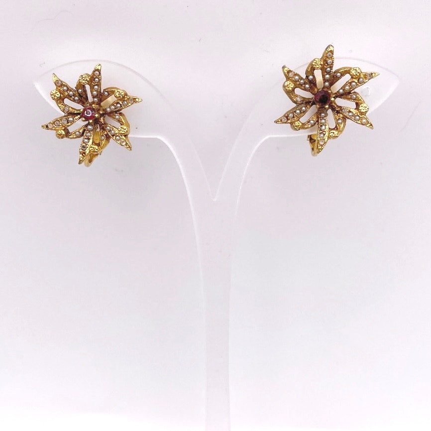 Vendome Flowers Clip On Earrings with Screw Red Center Rhinestone