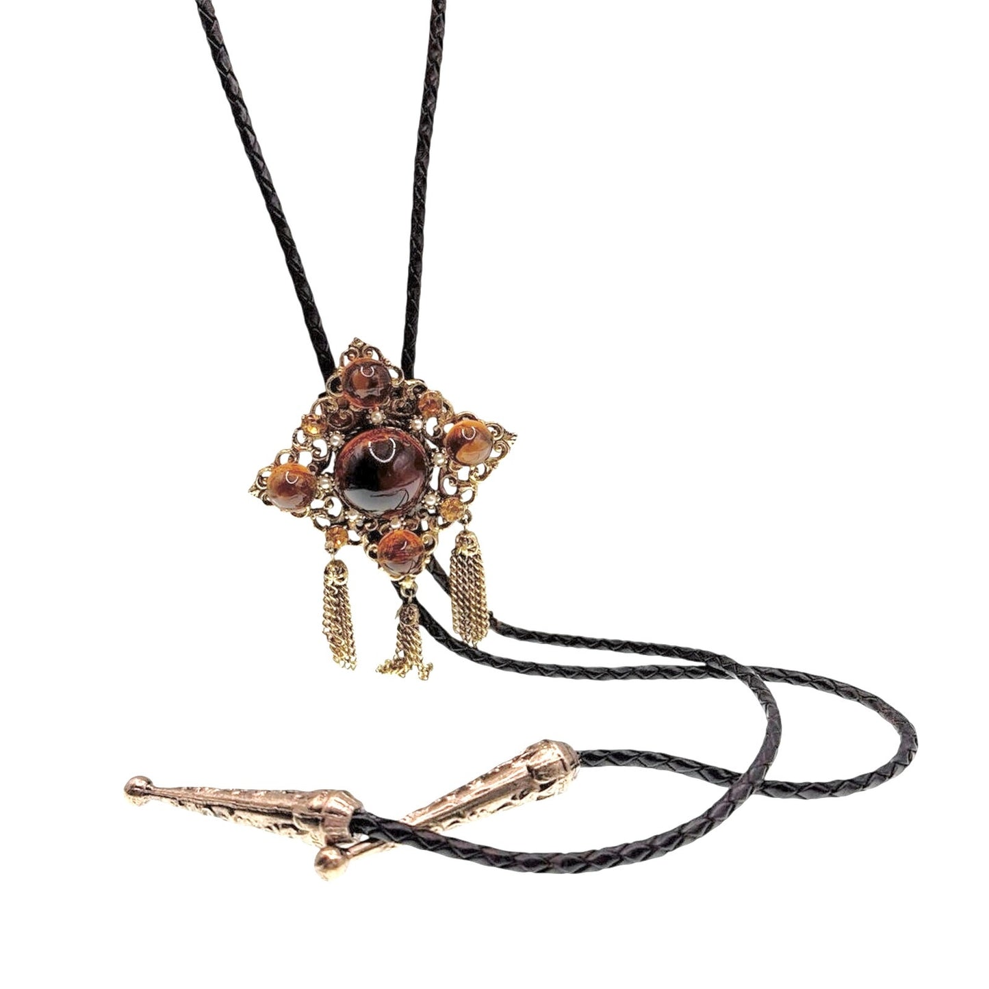 Vintage Bolo Tie Necklace Brown Molded Glass cabochon