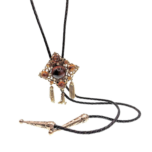 Vintage Bolo Tie Necklace Brown Molded Glass cabochon