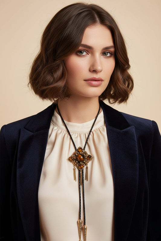 Vintage Bolo Tie Necklace Brown Molded Glass cabochon