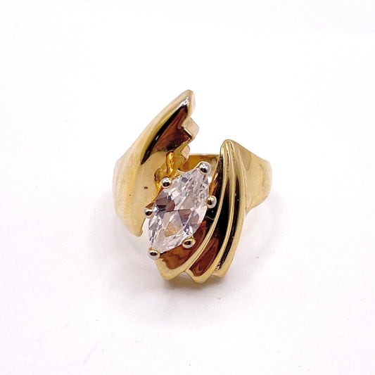 Vintage 18k Gold Filled Statement Modernist Ring 7.5” Almond Crystal