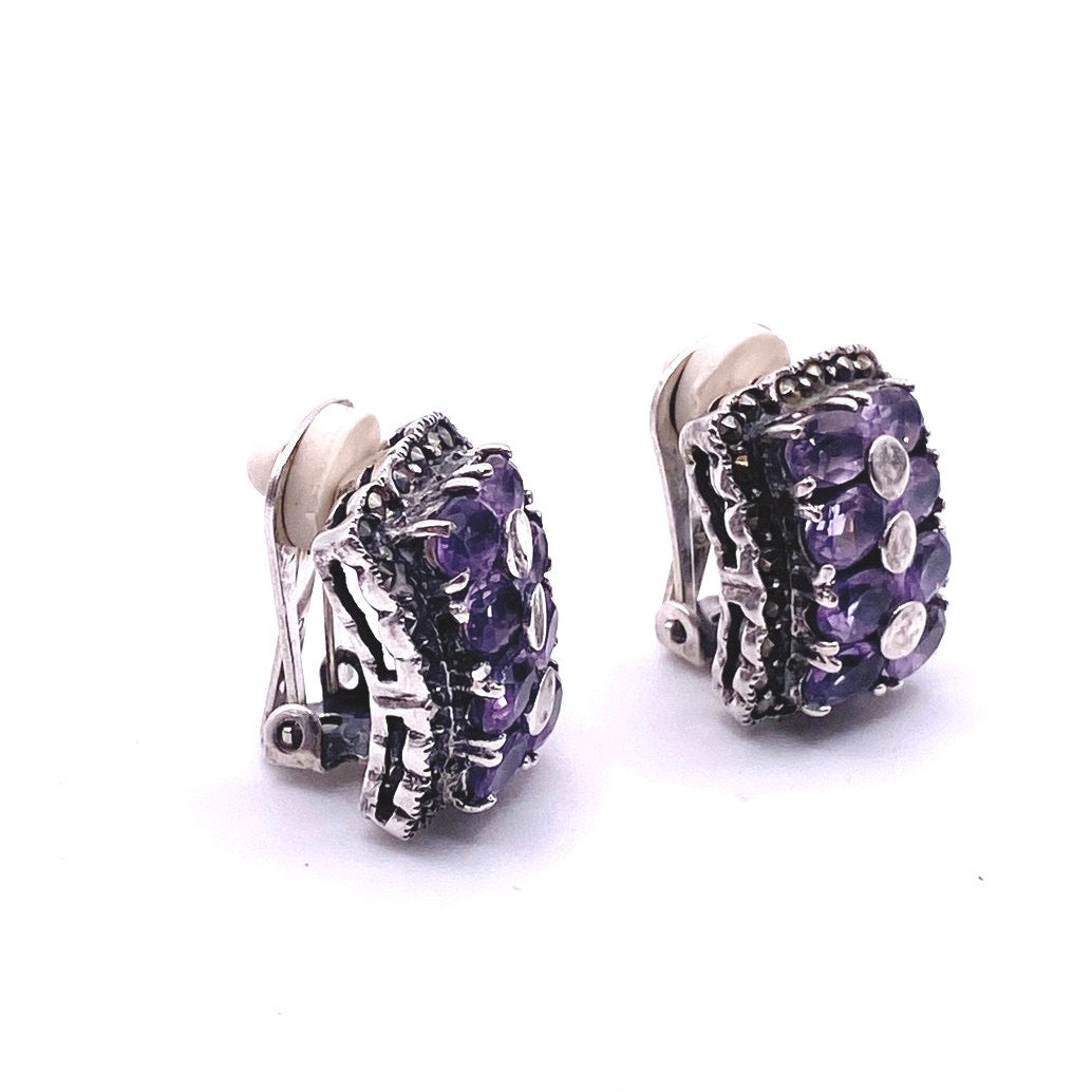 Sterling Silver And Amethyst Gems Vintage Clip On Earrings