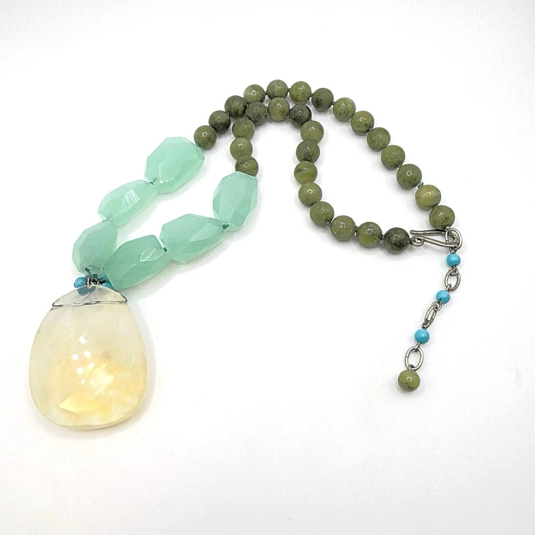 Vintage Handmade Gemstones Necklace Chalcedony  Agate and Opaline Pendant 16”