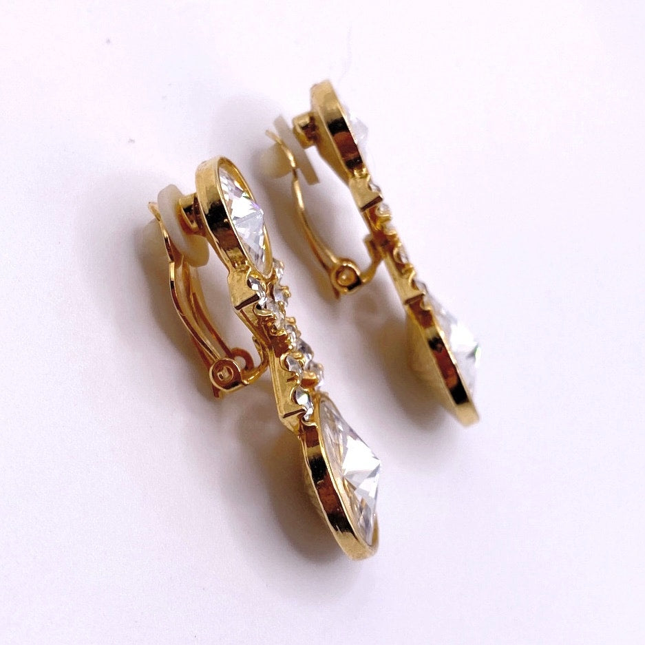 Vintage Clip On Earrings Ravioli White Stones and Rhinestones Gold Tone