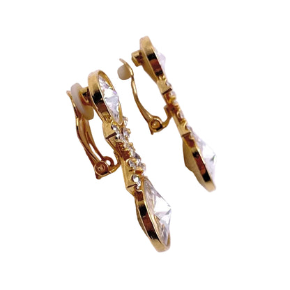 Vintage Clip On Earrings Ravioli White Stones and Rhinestones Gold Tone
