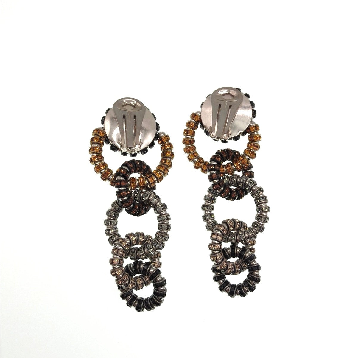 Sparkly Vintage Clip on Earrings Rhinestones Links Chain Dangling Long 2'