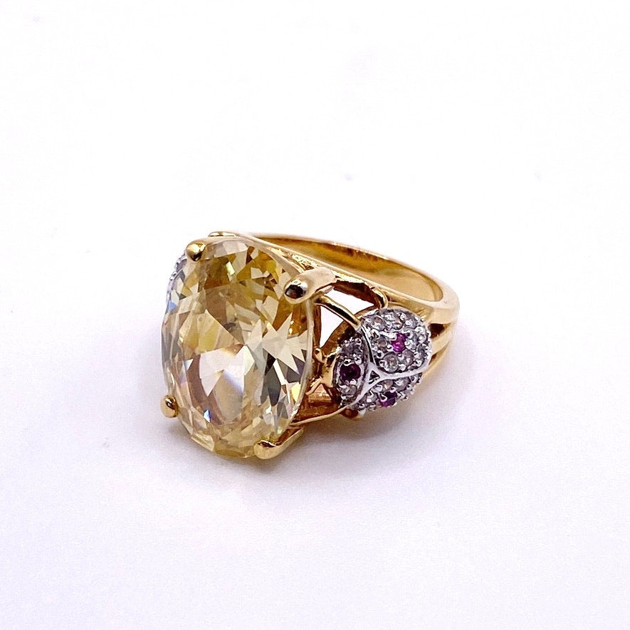 Gold Electroplated Cocktail Ring with Lab Created Rubies and large Yellow Topaz Size 7