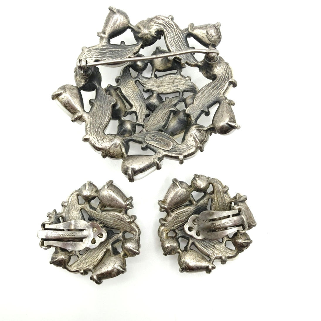 Elsa Schiaparelli AB White Molded Glass Earrings and Brooch Set